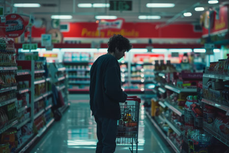 close-up of a man in profile pushing a cart with groceries through a supermarketの素材