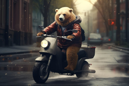 a bear rides a scooter on a city sidewalkの素材