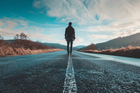 lonely man walking into the distance along an asphalt road among the landscapeの素材