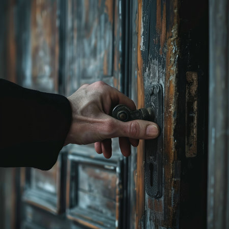 close up of hand opening old door by door handleの素材
