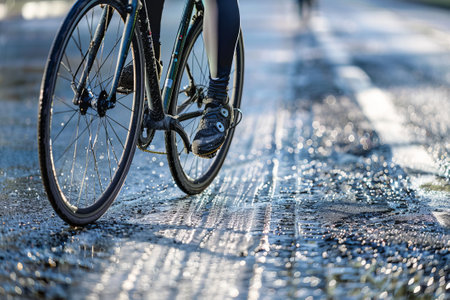 cyclist rides on hot, freshly rolled asphalt, leaving wheel marksの素材