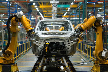 A robot at a car factory welds a car frame. Automotive production line. Welding car body. Modern car assembly plantの素材