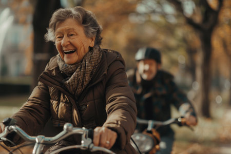 Cheerful active senior couple with bicycle in public park together having fun. Perfect activities for elderly people. Happy mature couple riding bicycles in parkの素材