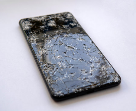 smartphone with broken screen on white backgroundの写真素材