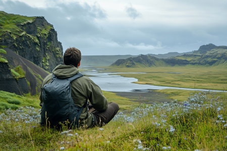 A man relaxes against a beautiful natural landscape, sitting with his back turned and looking into the distanceの素材