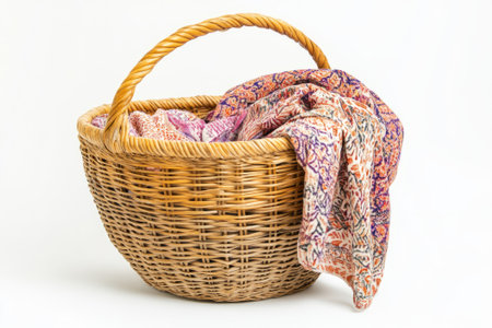 Wicker basket with clean washed clothes on white backgroundの素材