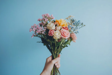 Bouquet of multicolored flowers in the outstretched hand on a blue background. Congratulations and confessions, expression of tenderness and love. Valentine's Day and Mother's Dayの素材