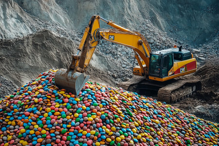An excavator digs up a mountain of sweet candiesの素材