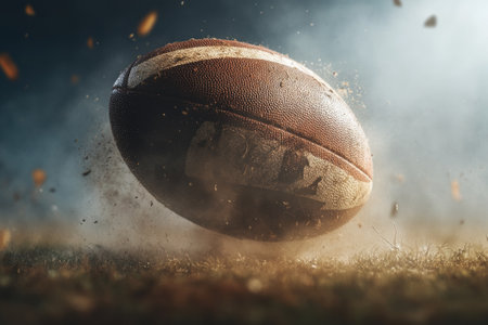rugby ball on the field, close up, dust flying aroundの素材
