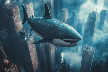 airship in the shape of a shark flying among the skyscrapers of a big cityの素材