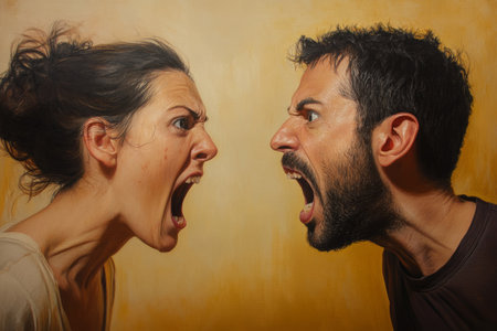 a portrait of a man and a woman shouting at each other but not hearing each other. Social problems, conflict of characters, quarrel. People don't want to hear each otherの素材