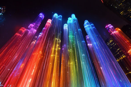 skyscrapers in the form of colored fiber optic glowing lines rising upwardsの素材