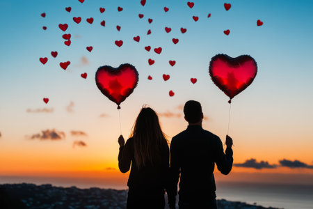 Couple holding heart-shaped balloons against the backdrop of the sunset sky and flying rose petals, Valentine's Dayの素材