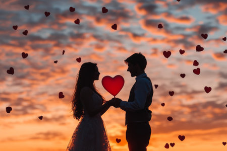 Couple holding heart-shaped balloons against the backdrop of the sunset sky and flying rose petals, Valentine's Dayの素材