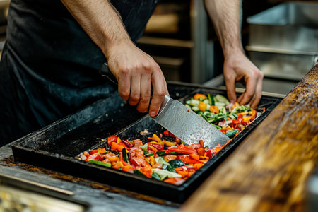 Cooking action on a professional kitchen: bubbling pots, a chef in motion, and vibrant ingredients spread across the counterの素材