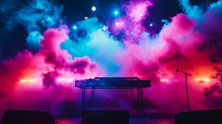 Artificial smoke on a dark stage, illuminated by blue and purple spotlights, creating a dramatic show atmosphereの素材