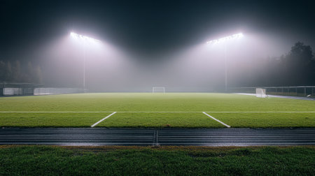 Soccer field at night with floodlights and fog in the backgroundの素材