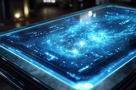 AI interface: transparent holographic panels floating above plasma-lit 3D polygonsの素材