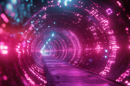 Data center: endless digital tunnel with moving plasma streams and glowing symbolsの素材