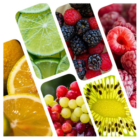 a collage of colorful fruits depicting the richness and bounty of nature. Summer season, healthy and wholesome foodの写真素材