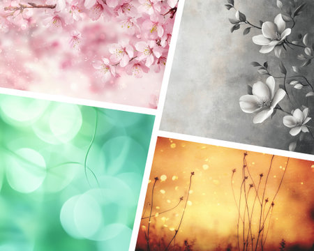 collage with types of flowers in pastel colors, displaying the beauty of the surrounding natureの写真素材