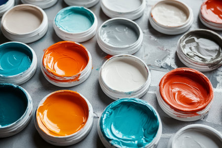 Multi-colored oil paint strokes on a palette for mixing and testing different paint colors. Jars of paint of different colorsの素材