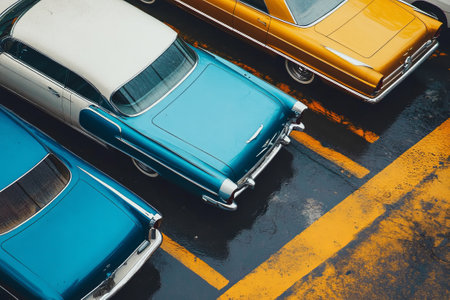 cars parked in a parking lot of colors Green, blue, white and goldの素材