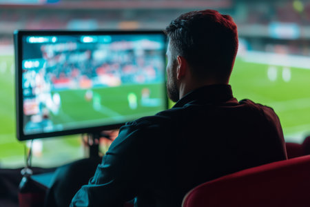 a sports commentator in headphones and a headset sits with his back behind the monitor, against the backdrop of the football field of the stadiumの素材