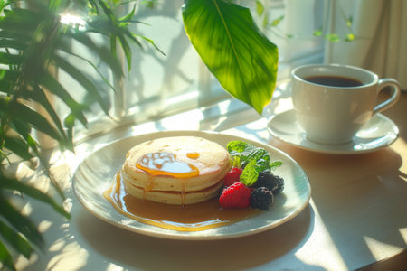 Bright breakfast: a plate of fluffy pancakes drizzled with syrup, surrounded by fresh berries and a cup of coffee, creating a warm and inviting breakfast atmosphereの素材