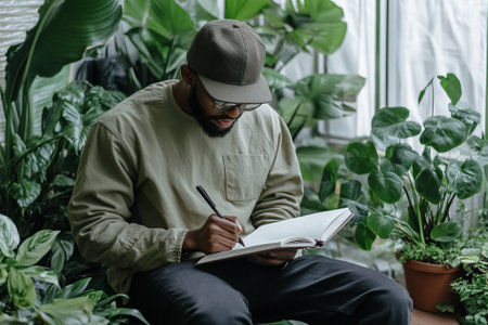 Man calmly writing in a journal in a cozy light room with plantsの素材