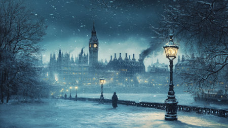 background in dark blue tones with snowflakes, in the background the city of old England of the 19th centuryの素材