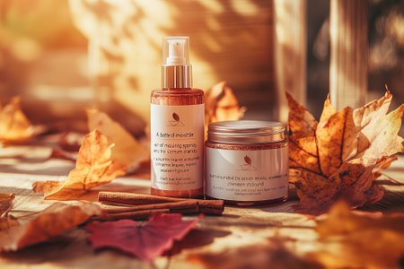 A bottle of moisturizing spray and a jar of cream stands on the floor surrounded by autumn leaves and cinnamon sticks, wooden texture base, warm light, blur backgroundの素材