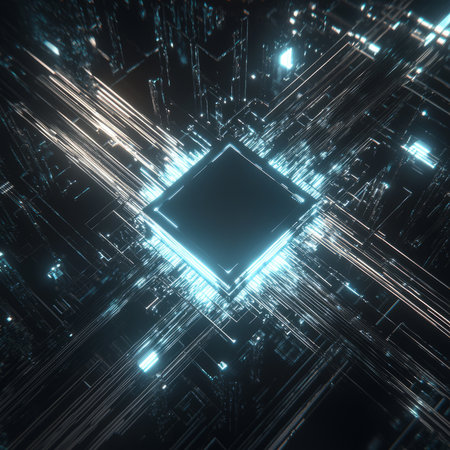 A sleek, silver chip suspended in the center, surrounded by thin glowing lines radiating outward like energyの素材