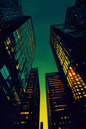 Silhouettes of skyscrapers with the soft glow of windows against a dark background. The sky is illuminated with neon accents, creating a feeling of night dynamicsの素材