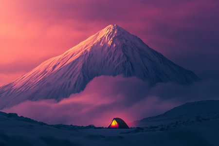A monochromatic silhouette of a tall, snow-covered mountain against a vibrant pink-orange sunset. Below is a small minimalist camping site with a single glowing tent, surrounded by misty cloudsの素材