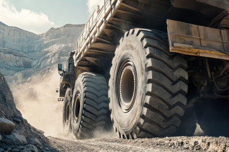 Close-up bottom view of a large truck transporting materials in a gray gemstone quarry surrounded by steep, rocky, dusty terrainの素材