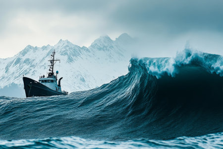 High waves with white foam rise under a dark gray sky. The silhouette of a ship is visible on the horizonの素材