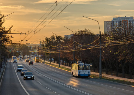 A city street illuminated by warm evening lights, with traffic moving steadily. The headlights and taillights create a dynamic glow, reflecting off wet pavement or glass surfaces. The urban atmosphere is filled with motion, energy, and the rhythm of city lifeの写真素材