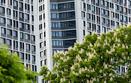 A long row of towering tall buildings stands proudly against the backdrop of lush green flowering chestnut trees located in front of them, enhancing the beauty of the landscape.の写真素材