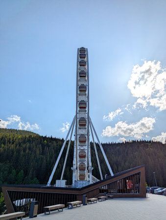 Beautiful picturesque white ferris wheel among coniferous trees in the mountainous areaの写真素材