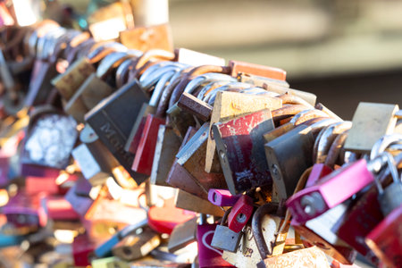 Many locks hang on the Hohenzollern bridge - Cologne's love lock bridgeの写真素材