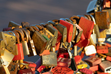 Many locks hang on the Hohenzollern bridge - Cologne's love lock bridgeの写真素材