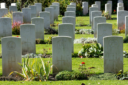 Ehrenfriedhof World War II military cemetery in Cologne. White gravestones of the cemetery of honor...