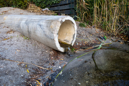 Concrete drainage pipe releasing water into a river surrounded by vegetation.の写真素材