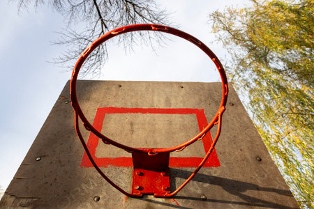 A basketball hoop stands on an outdoor sports ground under the open sky, symbolizing energy,...