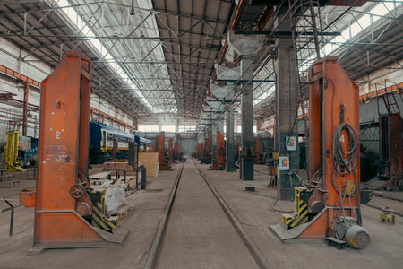 The train carriages are parked on the premises of a carriage repair plant, surrounded by machines, tools, and industrial equipment in the workshop.の写真素材