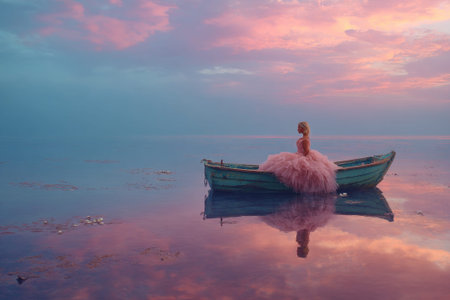 A stunning woman in a glowing pink bioluminescent dress sails a wooden boat across a vast, calm lake at dusk. The neo vibrant light of her gown reflects beautifully on the dark water under a twilight sky.の素材