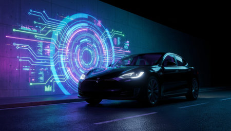 A sleek, modern supercar positioned in the center of a futuristic urban landscape. The car's polished metallic surface reflects vibrant pink and electric blue neon lights that glow intensely from the surrounding skyscrapersの素材