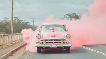 A glamorous, high-performance pink car speeds down a highway at sunset. Thick, vibrant pink smoke billows from underneath the chassis, creating a dramatic and stylish trail against the darkening asphalt and sky.の素材
