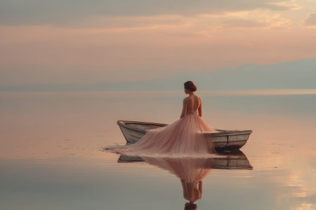 A stunning woman in a glowing pink bioluminescent dress sails a wooden boat across a vast, calm lake at dusk. The neo vibrant light of her gown reflects beautifully on the dark water under a twilight sky.の素材